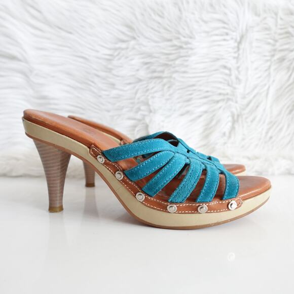 Clarks Y2K Clio Teal Blue Suede Slip-on Tan Leather Wooden High Heels - Picture 1 of 13
